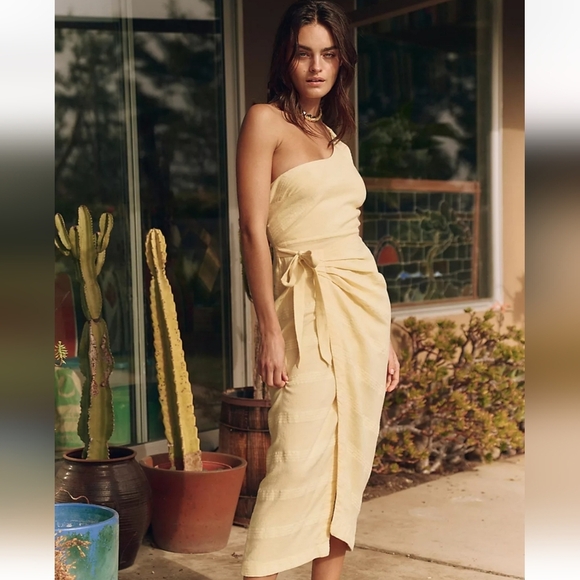 FREE PEOPLE At Leisure Midi One Shoulder Cotton/linen Dress In Black. XS - Picture 5 of 16